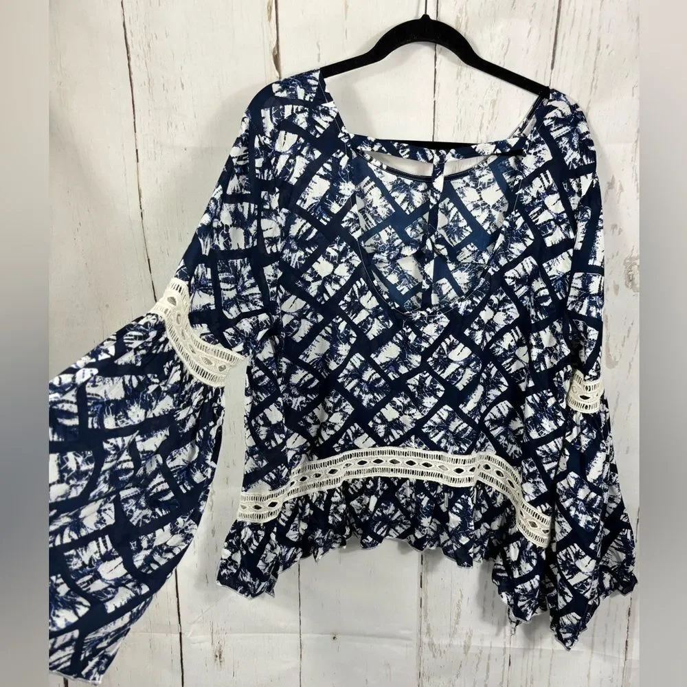 Chelsea & Theodore Navy Boho Top Ruffled Hem Flared Bell Sleeve Crochet Trim